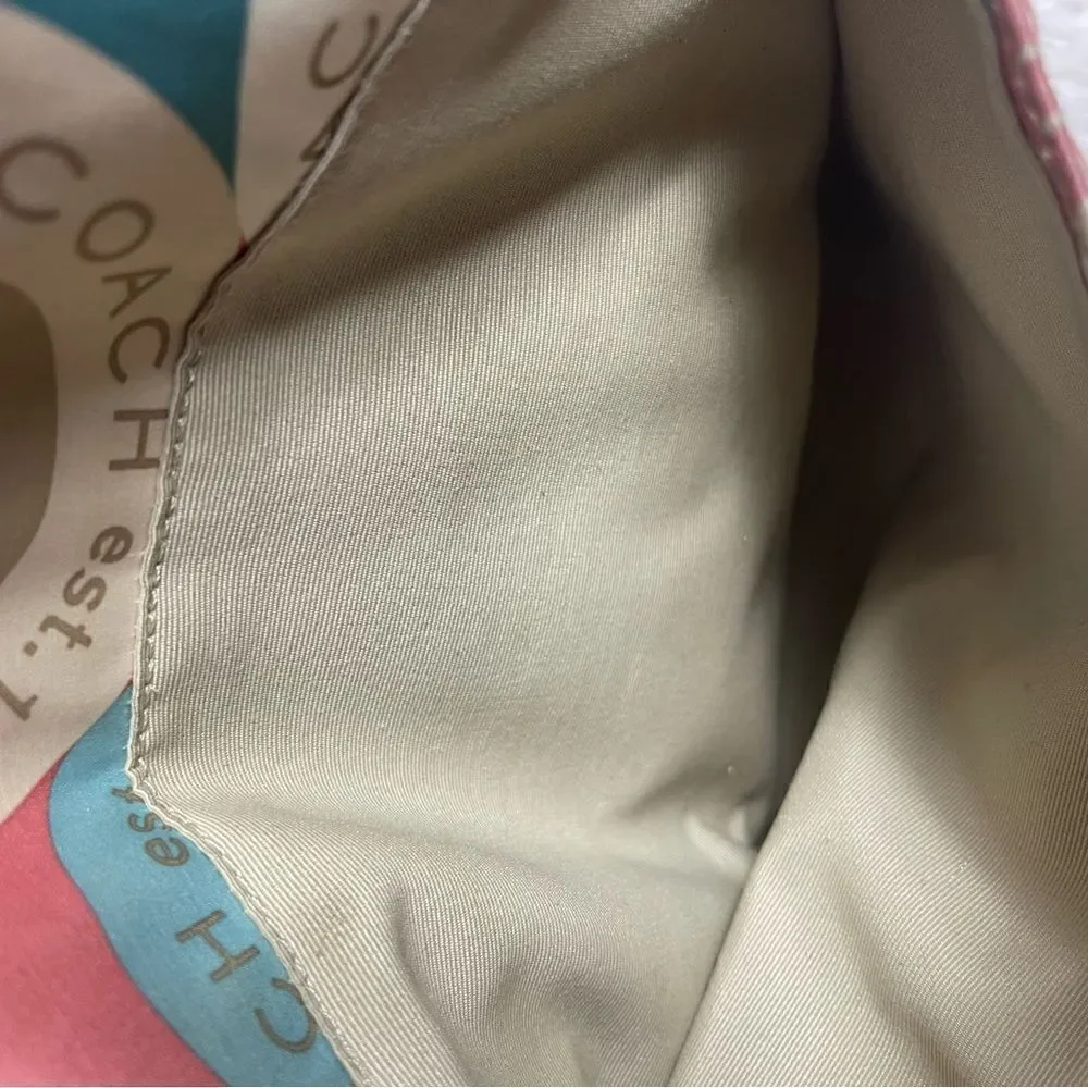 Coach satin scarf print 1941 beige ,khaki,peach & mint green color small tote. - Picture 5 of 16